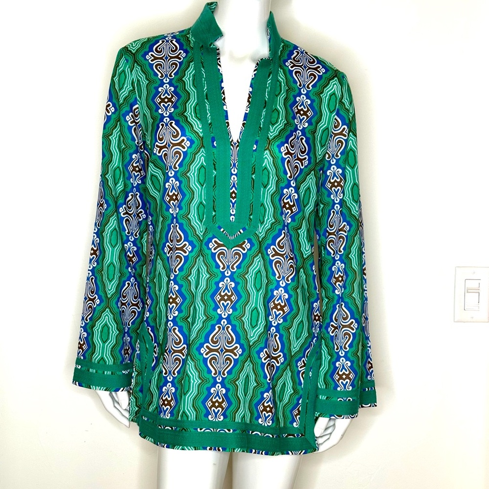 Tory Burch Green and Blue Geometric Tunic Zipper Side Access SZ 8 Cotton